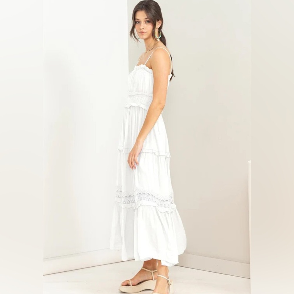 HYFVE White Ruffle Trim Tiered Boho Maxi Dress. Size M